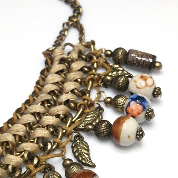 Bohemian Statement Necklace Woven Gold Tone with Earth Tone Ceramic Beads - Picture 2 of 8